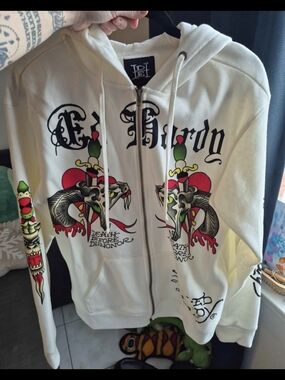 Ed Hardy White Zip-Up Hoodie with Black Tattoo Graphics